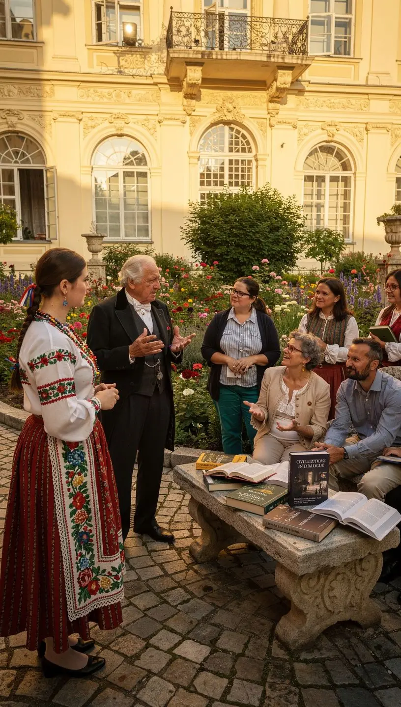 Középkori vár, amely a táj fölé magasodik, zöld dombok között.